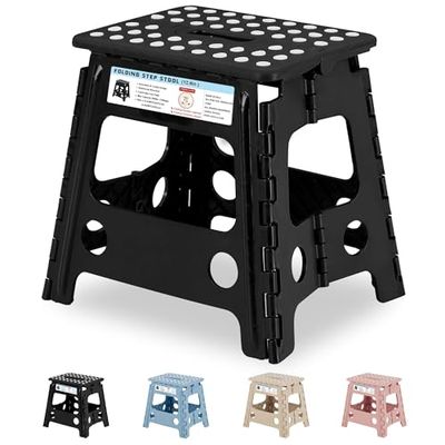 VECELO Folding Step Stool 32cm, Non-Slip Surface Portabl Foldable with Carry Handle, Heavy Duty to Support Kids/Toddler/Adults for Living Room Kitchen, Bathroom, Black