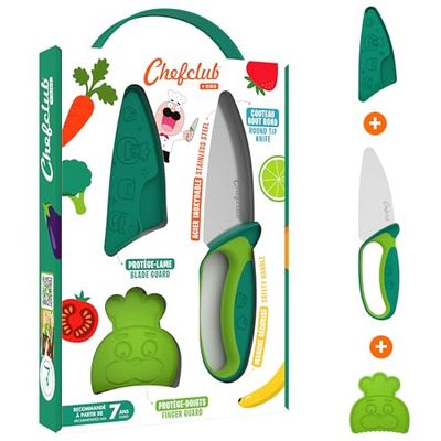 Chefclub kids - Couteau de Cuisine pour Enfants - Lame Acier Inoxydable - Protège-Doigts et Protège Lame - Sécurisé - Vert
