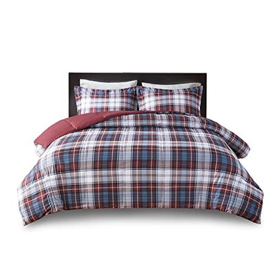 Madison Park Essentials Parkston Plaid Comforter, Matching Sham, 3M Scotchguard Stain Release Cover, Hypoallergenic All Season Bedding-Set, Full/Queen, Red, 3 Piece