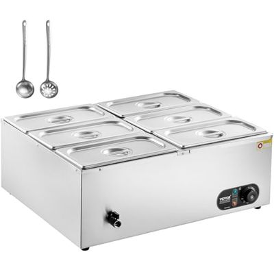 VEVOR Scaldavivande Commerciale 6 x 5,5 L (dimensione 1/3) Scaldavivande Elettrico da Tavolo a Vapore in Acciaio Inox da 1500 W Piastra Riscaldante Elettrica, Controllo della Temperatura da 30-85 °C
