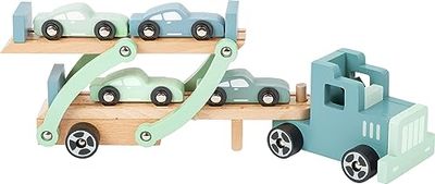 Small Foot 11510 Chicago - Trasportatore in legno, con lampada di ricarica mobile, rimorchio rimovibile e 4 auto, a partire dai 3 anni