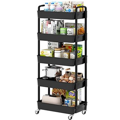 Sywhitta 5-Tier Plastic Rolling Utility Cart with Handle, Multi-Functional Storage Trolley for Office, Living Room, Kitchen, Movable Storage Organizer with Wheels, Black