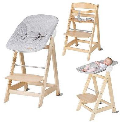 roba Chaise Haute Évolutive en Bois Born Up 2en1 + Transat Inclinable roba Style Gris Argenté - dès Naissance - Hauteur Réglable - Nettoyable Facilement - Naturel