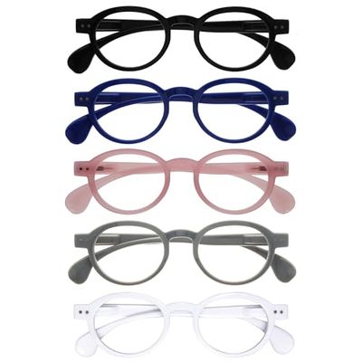 OPULIZE OCA Reading Glasses - 5-Pack - Modern Retro Round Frame - Black Blue Pink Grey White - Mens Womens - Spring Hinges - RRRRR54-1347W - +1.00