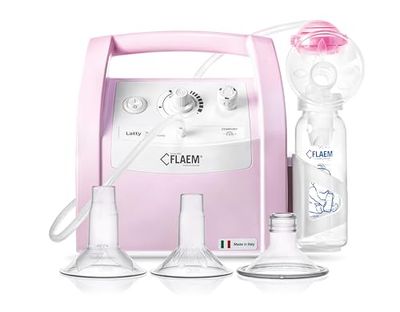 Flaem, Latty, Sacaleches Eléctrico, Fácil de Usar, con Ajuste de Frecuencia-Intensidad, Salvapompa Anti-reflujo, 1 Biberón de 250ml, 3 Copas Rígidas y 1 Copa Suave de Silicona, Hecho en Italia