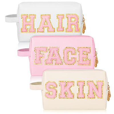 Sotiff Preppy Lot de 3 Trousses de Maquillage Transparentes en Chenille avec Fermeture éclair - Trousse de Toilette Transparente pour Femmes et Filles - Cadeau pour Salle de Bain, Voyage, Vacances,