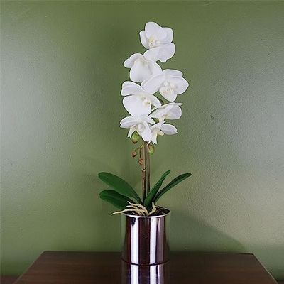 Leaf 46cm Artificial Orchid White with Silver Pot