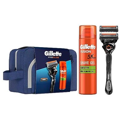 Gillette Proglide Fusion KIT REGALO, 2 LAMETTE DA BARBA + 1 manico, 1 SCHIUMA DA BARBA Sensitive, 1 ASTUCCIO DA VIAGGIO, Idea Regalo Uomo