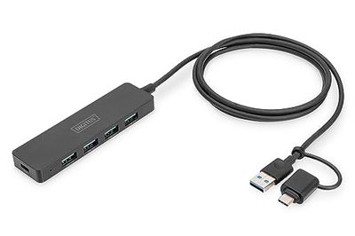 DIGITUS Concentrateur USB - 4 Ports - USB 3.0-4X USB-A - 1x USB-C Prise d'alimentation - jusqu'à 5 Gbit/s - Adaptateur USB-A vers USB-C Inclus - Longueur de câble 1,2m - Slim Line - Noir