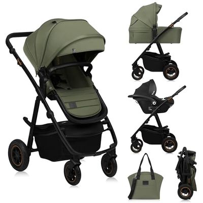 LIONELO Amber Plus 3-in-1 Kinderwagen met XXL Wieg Wandelwagen en i-Size Autostoel (0-48 mnd tot 22 kg), Waterdichte Premium Stoffen, Grote Luchtbanden, 3D Ventilatie, Inclusief Accessoires, Bosgroen