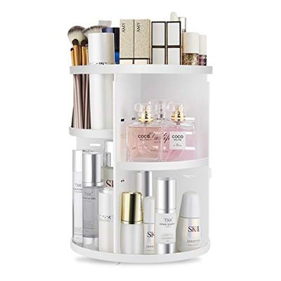 seinlife, Organizer per trucchi rotante a 360°, supporto rotante regolabile fai da te, scatola pieghevole per cosmetici, grande capacità, adatta per piano di lavoro e bagno, bianco