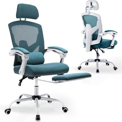 DUMOS Ergonomische bureaustoel - een bureaustoel met comfortabele armleuningen, uitgerust met een comfortabele lendensteun en voetensteun, kantoorstoel geschikt voor thuis, kantoor (blauw)