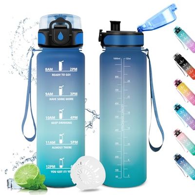 Drinkfles, 1 liter, waterfles met filter, motiverende tijdweergave, herbruikbaar, lekvrij, voor kinderen, sport, sportschool, school, fitnessstudio, kantoor, yoga