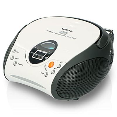 Lenco SCD-24 SCD24 - Reproductor de CD para niños - Radio CD - Sistema estéreo - Boombox - Sintonizador de radio FM - Memoria de pista - 2 x 1,5 W RMS de alimentación - Funciona con red y pilas - Blanco