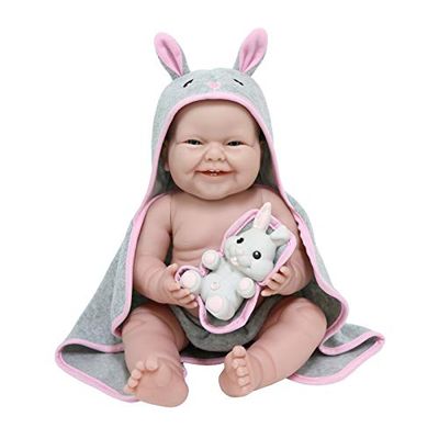 JC TOYS Poupée La Newborn Nouvellement née de 38 cm, en Vinyle Doux, avec Serviette à Capuche et Animal, Lapin, Fille, Gris et Rose, conçue en Espagne par Berenguer, +2 Ans