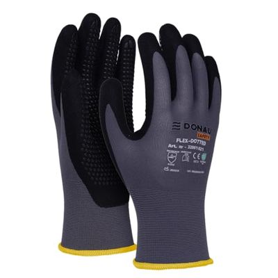 DONAU SAFETY Flex Dotted handskar arbetshandskar med halkskydd handtag noppor/storlek 08/M, 1 par/grå-svart/mekaniker monteringshandskar/nitril belagd lätt oljebeständig, nylon