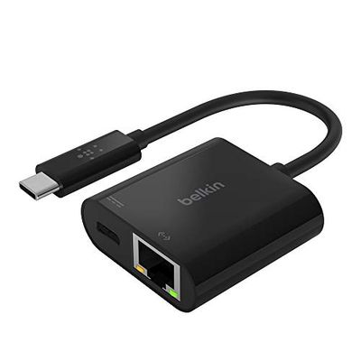 Belkin INC001btBK - Adaptador USB-C a Ethernet y carga (60 W de corriente por pass-through para los dispositivos conectados conexión Ethernet a 1000 Mbps, adaptador de Ethernet para MacBook Pro)