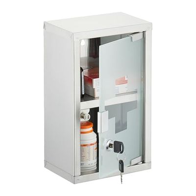 Relaxdays Medicine Cabinet, 2 Shelves, First Aid Storage, Stainless Steel, Frosted Glass, 30x18x12cm, Lockable, Silver