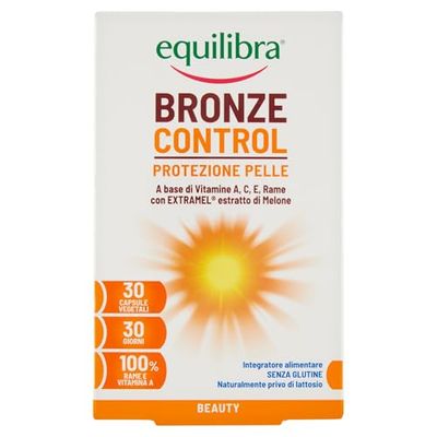 Equilibra Integratori Alimentari, Bronze Control, Integratore Vitamina A, Vitamina C, Vitamina E e Rame, con Estratto di Melone Brevettato, per l'Esposizione Solare, Senza Glutine, 30 Capsule Vegetali