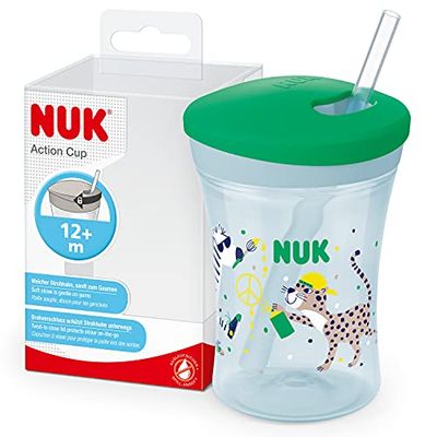 NUK 10255599 Action Cup beker met herbruikbaar rietje voor kinderen, 12 maanden deksel, deksel met schroefsluiting en zacht rietje, lekvrij, wasbaar, BPA-vrij, 230 ml, groen