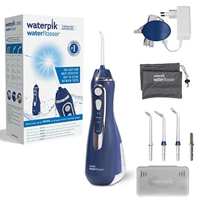 Waterpik Idropulsore Portatile Cordless Advanced, 3 Impostazioni di Pressione, Strumento di Rimozione della Placca Dentale Ideale per Viaggi o Bagni Piccoli, Batteria Ricaricabile, Blu (WP-563EU)