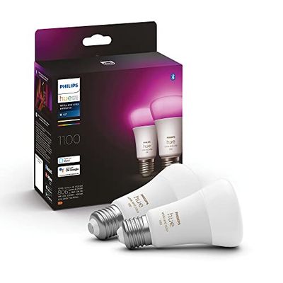 Philips Hue Vit och färgstämning, E27 Smart LED-lampa, 75W ekvivalent, 75W, 1100 Lumen, Bluetooth-kompatibel, Paket med 2, Fungerar med Alexa, Google Assistant och Apple Homekit, Tonad vit