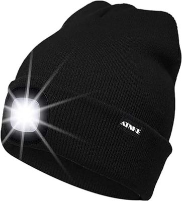 ATNKE Muts met led-verlichting, oplaadbaar, USB-hardloopmuts met licht, extreem fel, 4 ledlampjes, winter, warm, hoofdlamp voor dames en heren, cadeau, zwart, Eén maat