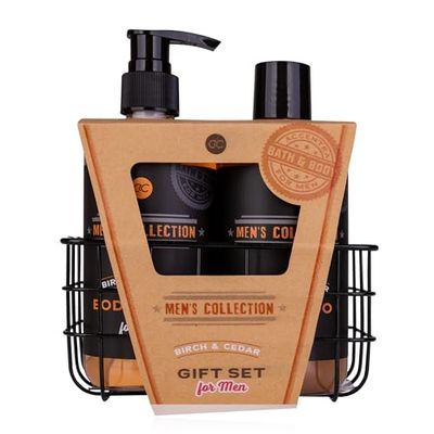 Accentra Set regalo per uomini MEN'S Collection in cestello metallico, con gel doccia da 300 ml, shampoo da 300 ml, fragranza: betulla e cedro – marrone