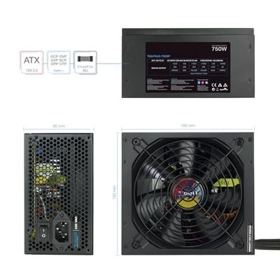 Fuente de alimentación 750W, 80 Plus, Ventilador silencioso, protección contra sobrecarga, Ideal para PCs de Alto Rendimiento.