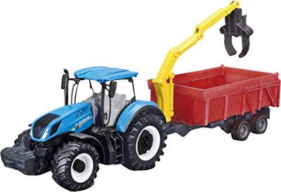 Bburago B18-31657 New Holland T7315 Tractor with Loader and Trailer Car, Model, Sport, pre-Built, Blue