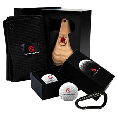 CADDYSACK Golfbollshållare och dispenser med golfhandduk, 2 golfbollar, golfbollsmarkör, karbinhake, presentförpackning – fästs enkelt på golfväska, bälte eller kundvagn – rolig och funktionell ny