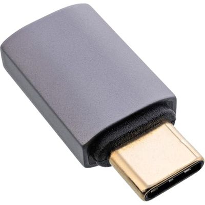 InLine® USB4-adapter, USB-C stekker naar USB-C aansluiting, 40 Gb/s gegevenssnelheid, 240 W Power Delivery, 8K @60Hz video, aluminium behuizing, grijs, 35900F