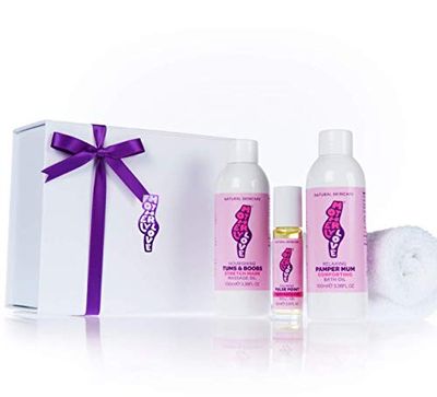 Motherlylove Luxury Pregnancy Pamper Gift Set - For Ultimate Relaxation & Comfort: 1 x Stretchmark Oil, 1 x Bath Oil, 1 x Calming Roll-On Oil - Formulated with Essential Oils - 100% Natural + Vegan