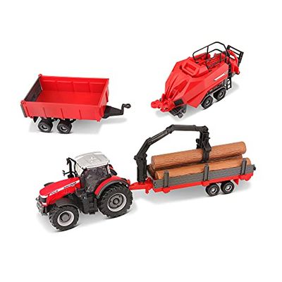 Bburago- Massey Ferguson 8740S Tracteur de Ferme avec 3 remorques 10 cm, B18-31668, Motifs et Couleurs Assorties