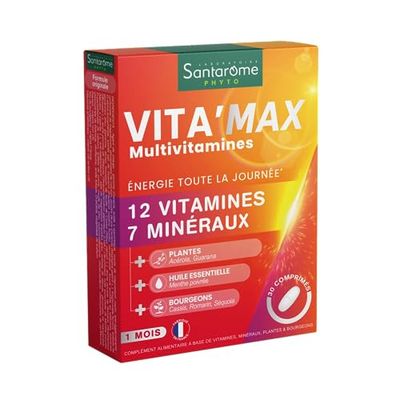 Santarome Bio Phyto - Vita'max Multivitamines - 12 Vitamines & 7 Minéraux, Guarana - Complément alimentaire Tonus et Vitalité - 30 comprimés - France