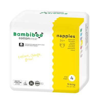 Bambiboo Couches-Culottes pour Bébés Taille 4 Maxi (9-14 kg) - COTTONWEAR - Couches Jetables pour Bébés - En Coton Bio et Matières Végétales - Avec Indicateur d'Humidité - 24 Pièces