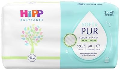 HiPP Babysanft Chusteczki nawilżane Soft i Pur, 864 sztuki (18 opakowań po 48), z 99,9% wody, ze 100% włókien na bazie roślin, dla wyjątkowo delikatnego czyszczenia