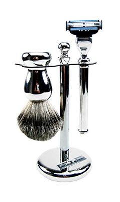 Golddachs - Porta rasoio/pennello da barba in metallo, 100% setole di puro tasso