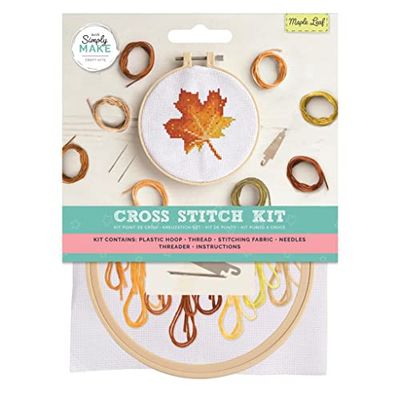 Simply Make Cross Stitch Kit - Maple Leaf Design for Kids and Adults, Including Hoop, Embroidery Thread, Fabric and Needle - Perfect for Adult Crafts and Beginners - Starter Cross Stitch Craft Kit