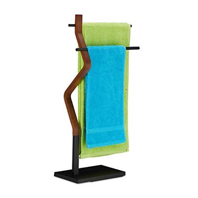 Relaxdays Portasciugamani da Terra, Piantana a 2 Bracci, per Asciugamani e Canovacci, Legno e Metallo, Nero Marrone