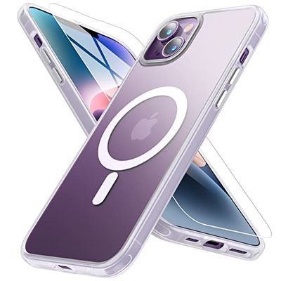 MYBAT PRO Magnetiskt frostat skinnkänsla telefonfodral för iPhone 14 fodral (6.1) med skärmskydd, kompatibel med MagSafe, genomskinlig matt baksida, anti-fingeravtryck anti-repor fodral (vit)