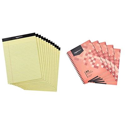 Amazon Basics Legal/larghe a righe, 50 fogli per tampone da 8,5 pollici by 11,75 pollici & Quaderno con rilegatura a spirale, 80 fogli/160 pagine, formato A4, 90 g/m², (confezione da 5)