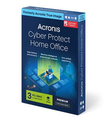 Acronis Cyber Protect Home Office (voorheen Acronis True Image). Persoonlijke cyberbescherming voor thuisgebruikers. Omvat lokale back-up, schijfkloning, herstel, antiransomware, antimalware, privacyfuncties en 1 TB aan cloudopslag voor 3 pc/Mac. Abonnement voor 1 jaar.