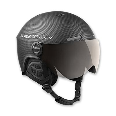 BLACK CREVICE Casco de esquí Gstaad I Casco de esquí con visera en estilo piloto en diferentes colores I para hombres y mujeres I Casco de ski de policarbonato I Casco transpirable I Talla ajustable (S/M (54-57 cm), Negro Carbono)