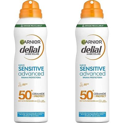 Garnier Delial Sensitive Advanced - Bruma Seca Protector Solar para Pieles Claras, Sensibles e Intolerantes al Sol IP50+ - 150 ml (Paquete de 2)