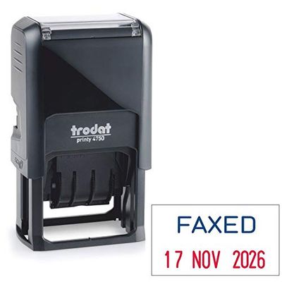 Trodat Printy 4750 Dater Stamp with English Phrase FAXED - Self Inking, Red Ink Date and Blue Text