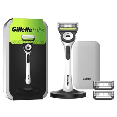 Gillette LABS Rasoio Barba Manuale, con 3 LAMETTE Gillette da Barba di Ricambio, Base Magnetica e Barra Integrata, Elimina Impurità Pelle, Rasoio a Mano Libera, Custodia Da Viaggio,Bianco, Idea Regalo