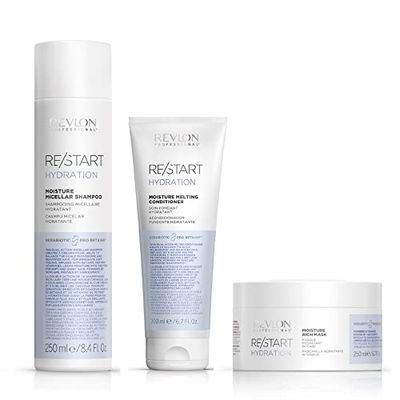 REVLON PROFESSIONAL RE/START Hydration Routine Shampoing Micellaire Hydratant 250 ml + Après-shampoing Soin Fondant Hydratant 200 ml + Masque Hydratant 250 ml, pour cheveux secs et abîmés