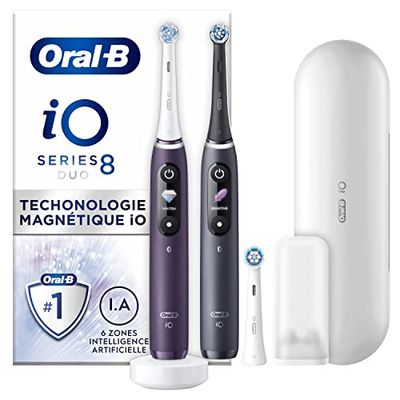 Oral-B iO 8 Brosses À Dents Électriques Rechargeables, Manches Violet Et Noir connectés Bluetooth Avec Technologie Magnétique, Cadeau Fêtes des Pères, 3 Brossettes, 1 Étui De Voyage