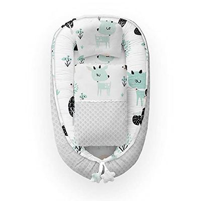 KOSPU Babynest met kussen en deken voor peuters, katoen en minky pluche, 100% siliconen kralen vulling, bumper 90 x 70 cm, babydeken 75 x 50 cm, babyslaapkussen 35 x 25 cm